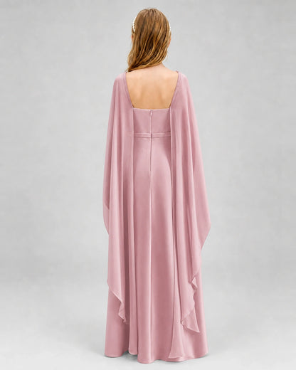 Dideyttawl Satin Junior Bridesmaid Dress with Detachable Chiffon Cape
