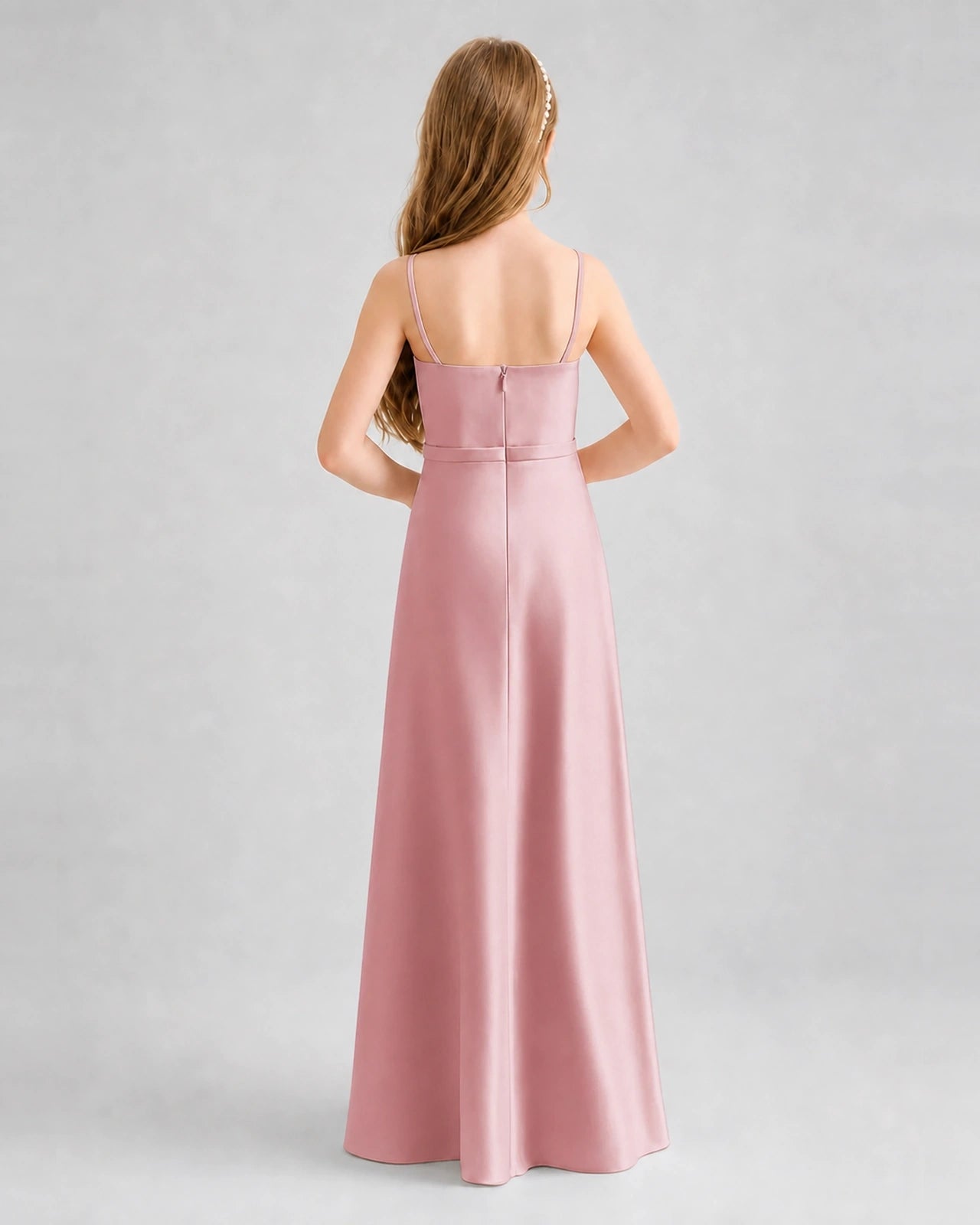 Dideyttawl Satin Junior Bridesmaid Dress with Detachable Chiffon Cape