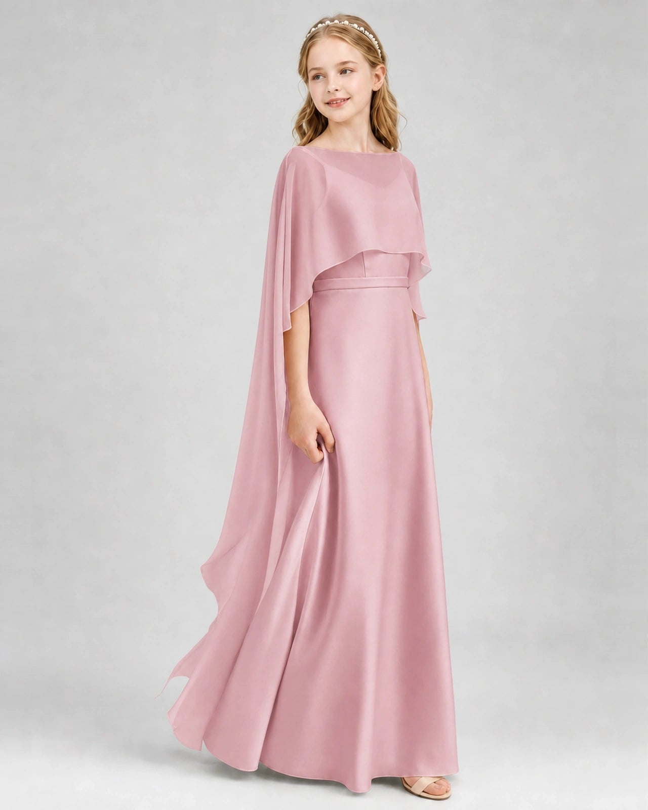 Dideyttawl Satin Junior Bridesmaid Dress with Detachable Chiffon Cape