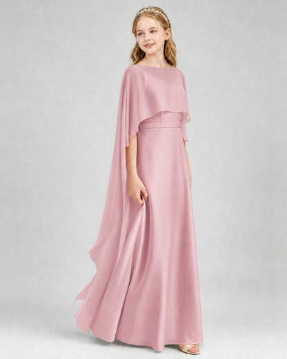 Dideyttawl Satin Junior Bridesmaid Dress with Detachable Chiffon Cape
