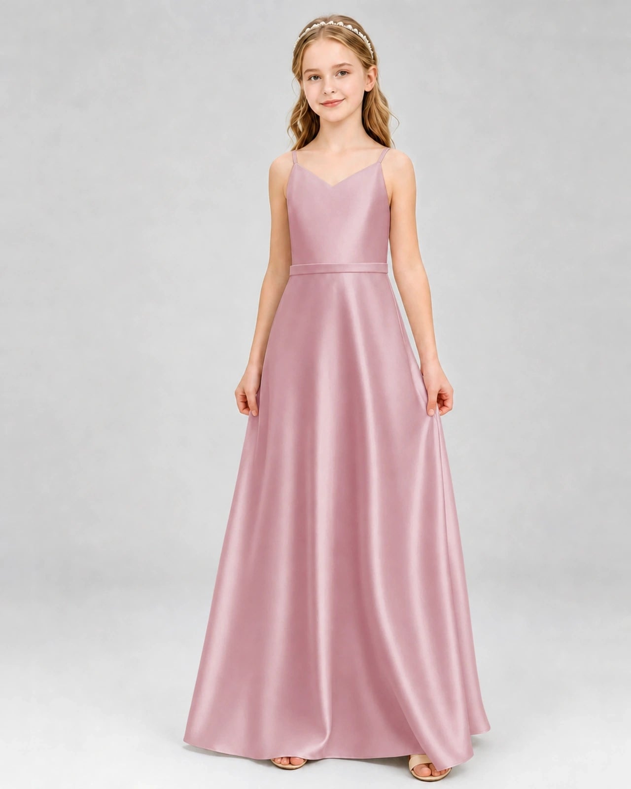 Dideyttawl Satin Junior Bridesmaid Dress with Detachable Chiffon Cape