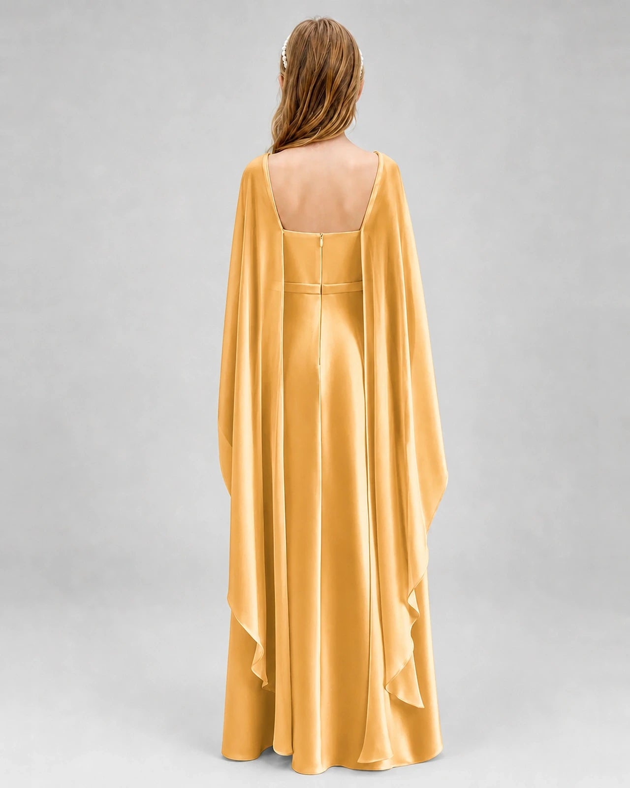 Dideyttawl Satin Junior Bridesmaid Dress with Detachable Chiffon Cape