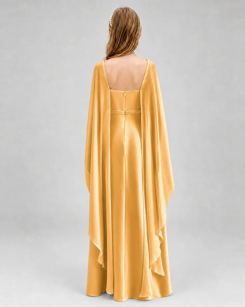 Gold satin cape sleeve junior bridesmaid dress, back view.