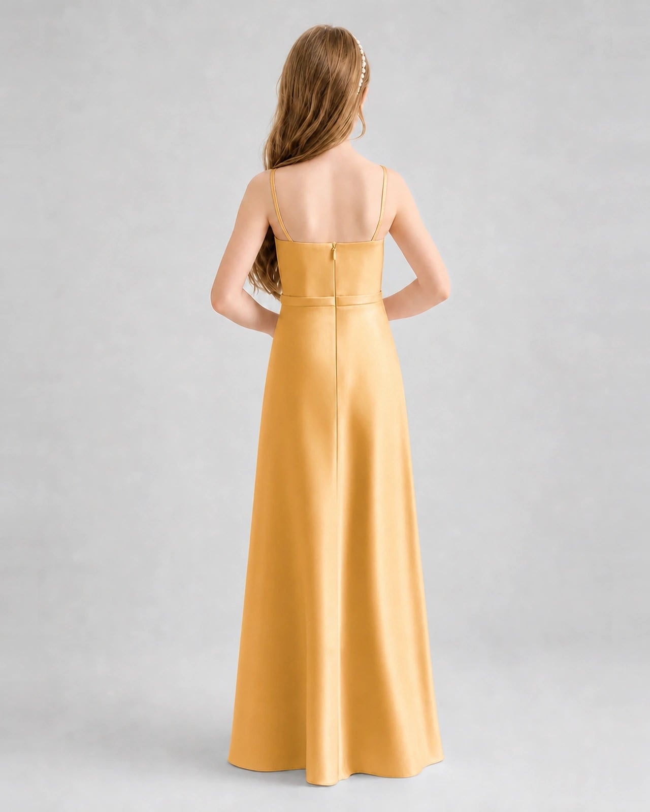 Dideyttawl Satin Junior Bridesmaid Dress with Detachable Chiffon Cape