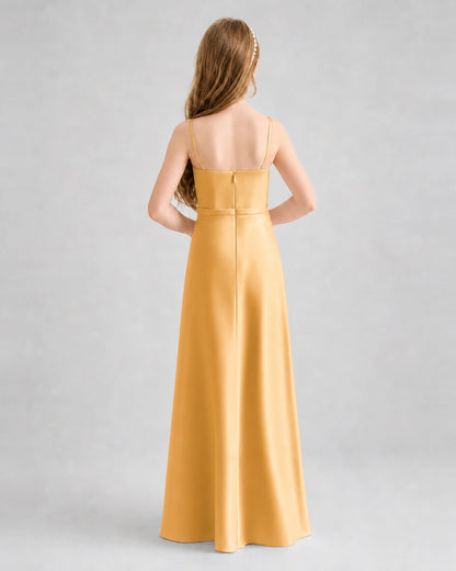 Dideyttawl Satin Junior Bridesmaid Dress with Detachable Chiffon Cape