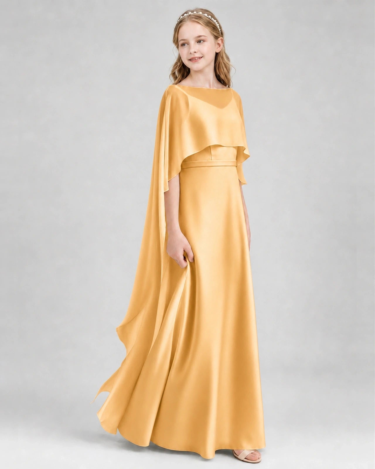 Dideyttawl Satin Junior Bridesmaid Dress with Detachable Chiffon Cape