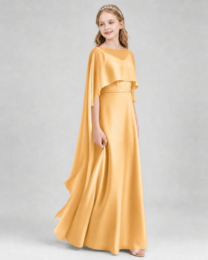 Dideyttawl Satin Junior Bridesmaid Dress with Detachable Chiffon Cape