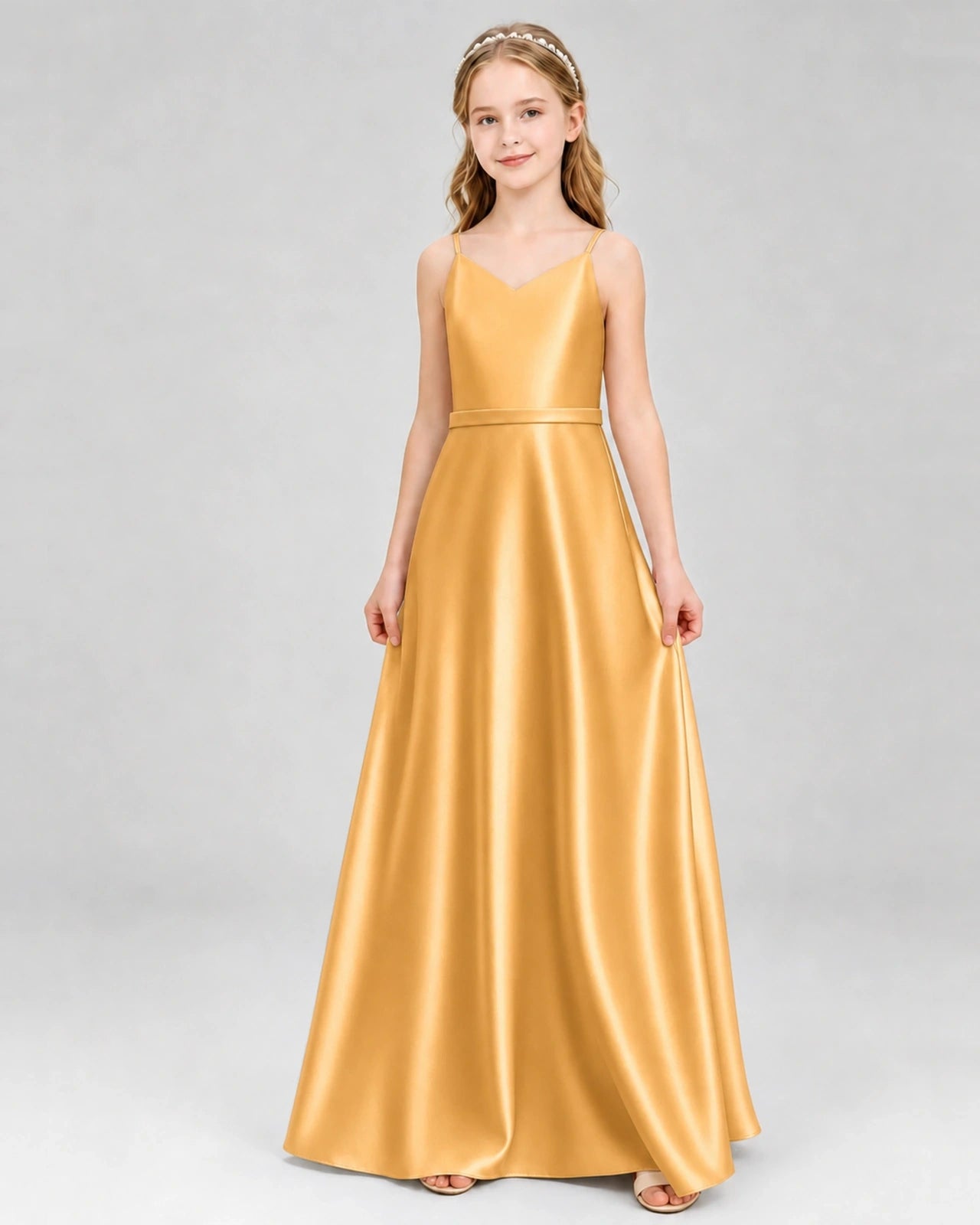 Dideyttawl Satin Junior Bridesmaid Dress with Detachable Chiffon Cape