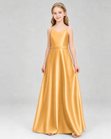 Gold Satin A-Line Junior Bridesmaid Dresses Front View