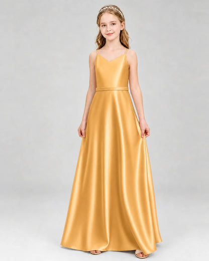 Dideyttawl Satin Junior Bridesmaid Dress with Detachable Chiffon Cape