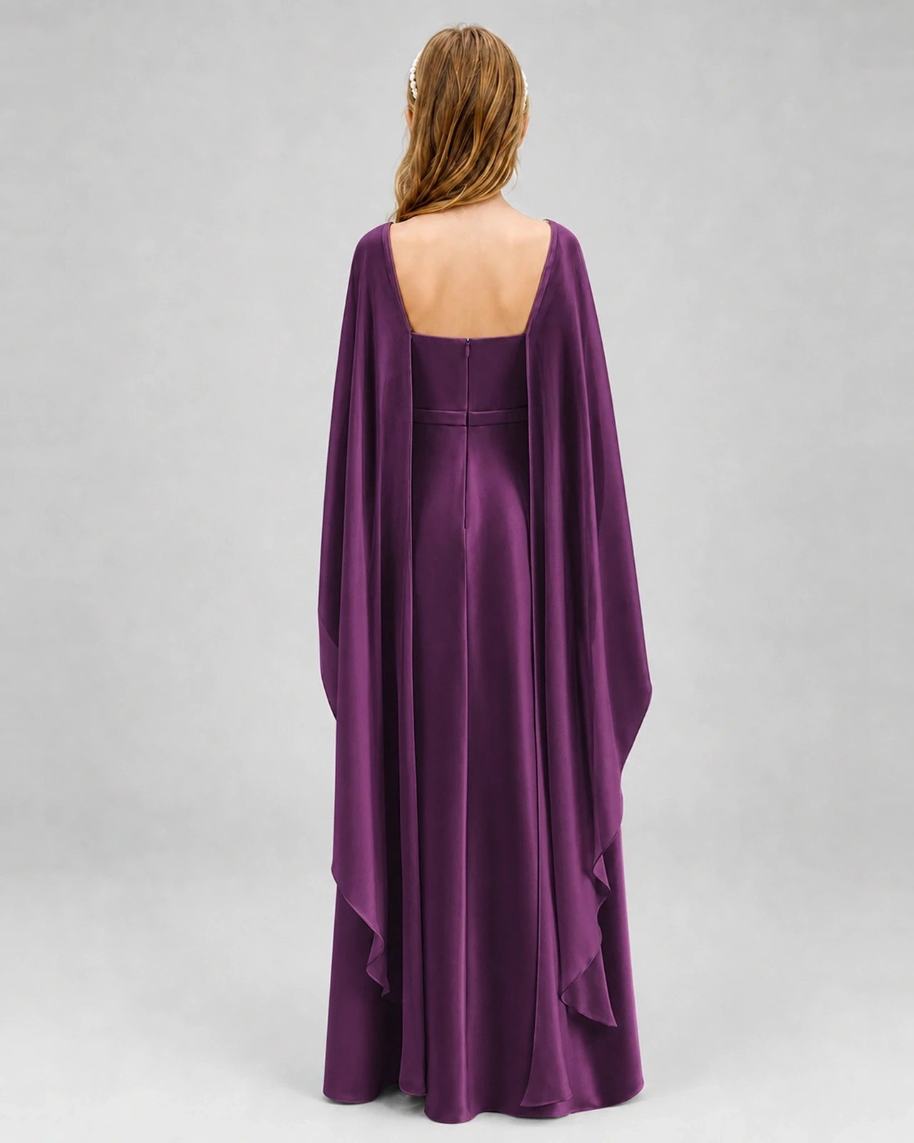 Dideyttawl Satin Junior Bridesmaid Dress with Detachable Chiffon Cape