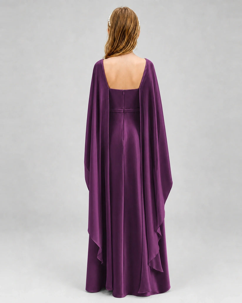 Grape Satin Cape Junior Bridesmaid Dresses Back View