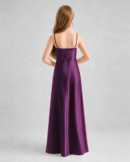 Dideyttawl Satin Junior Bridesmaid Dress with Detachable Chiffon Cape