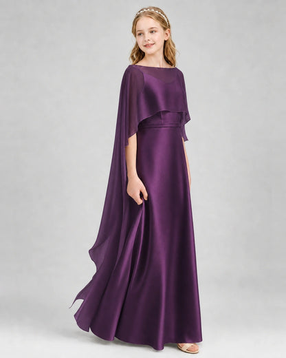 Dideyttawl Satin Junior Bridesmaid Dress with Detachable Chiffon Cape