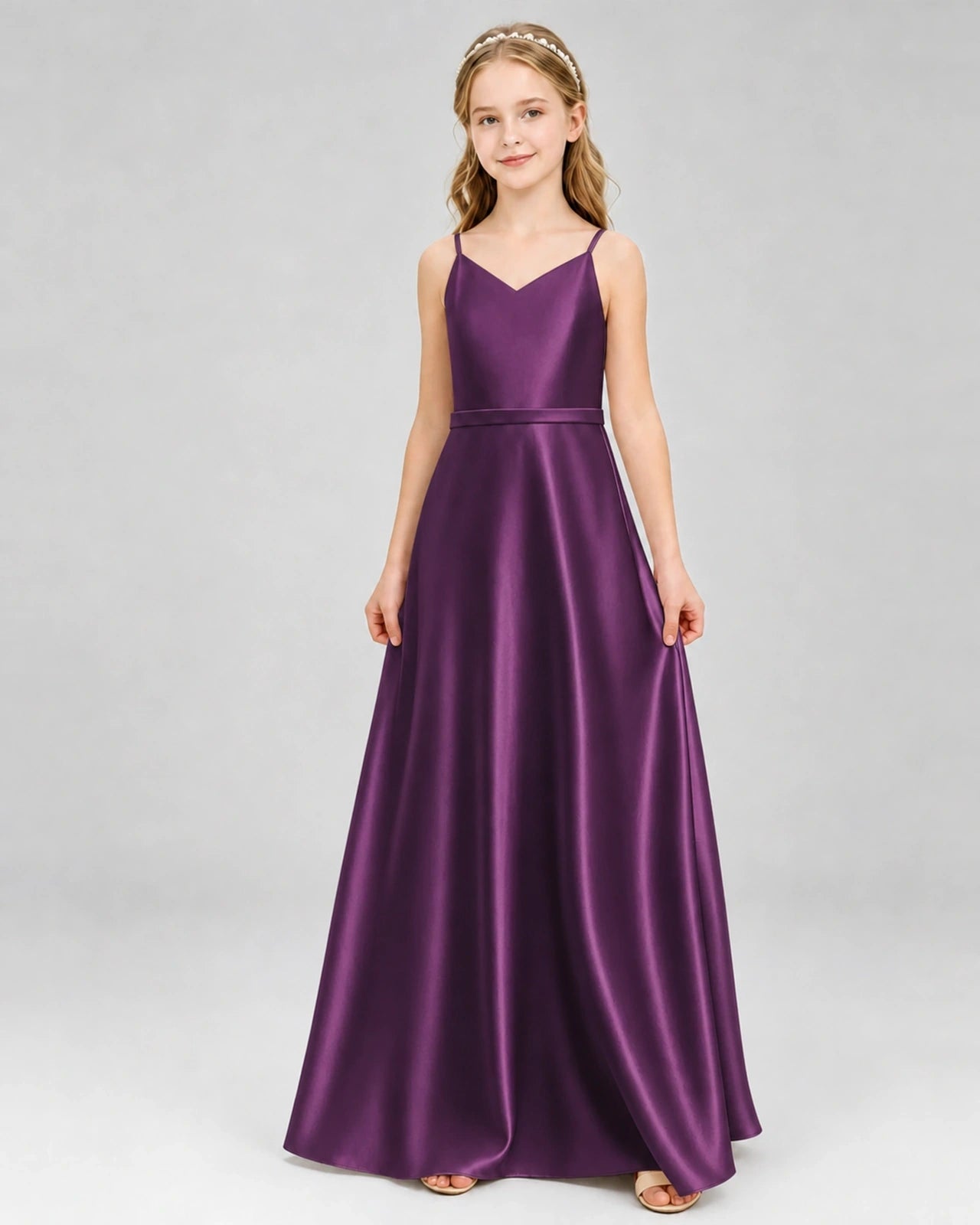 Dideyttawl Satin Junior Bridesmaid Dress with Detachable Chiffon Cape