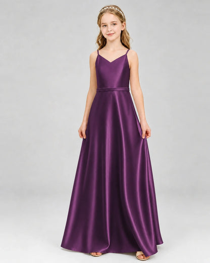 Dideyttawl Satin Junior Bridesmaid Dress with Detachable Chiffon Cape