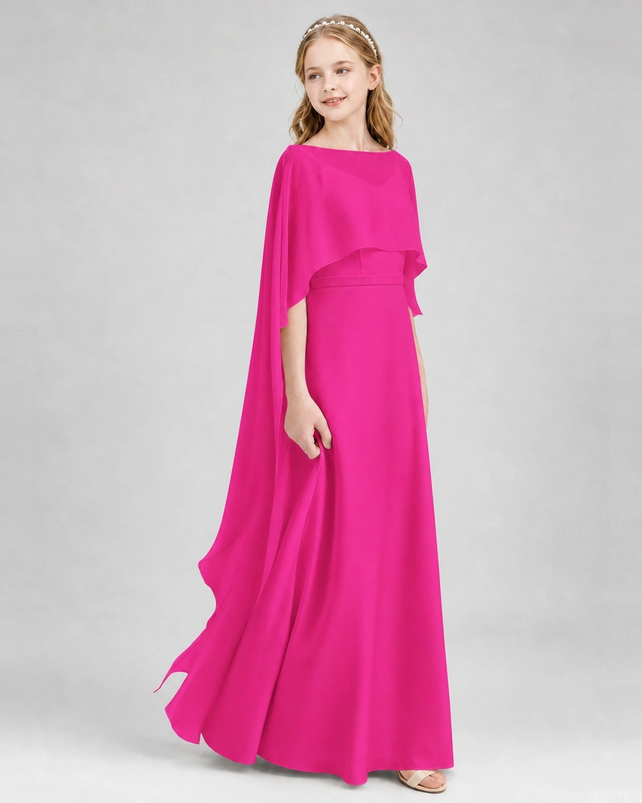 Dideyttawl Satin Junior Bridesmaid Dress with Detachable Chiffon Cape