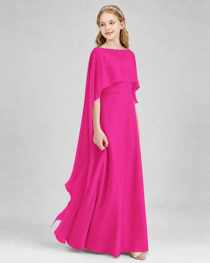 Dideyttawl Satin Junior Bridesmaid Dress with Detachable Chiffon Cape