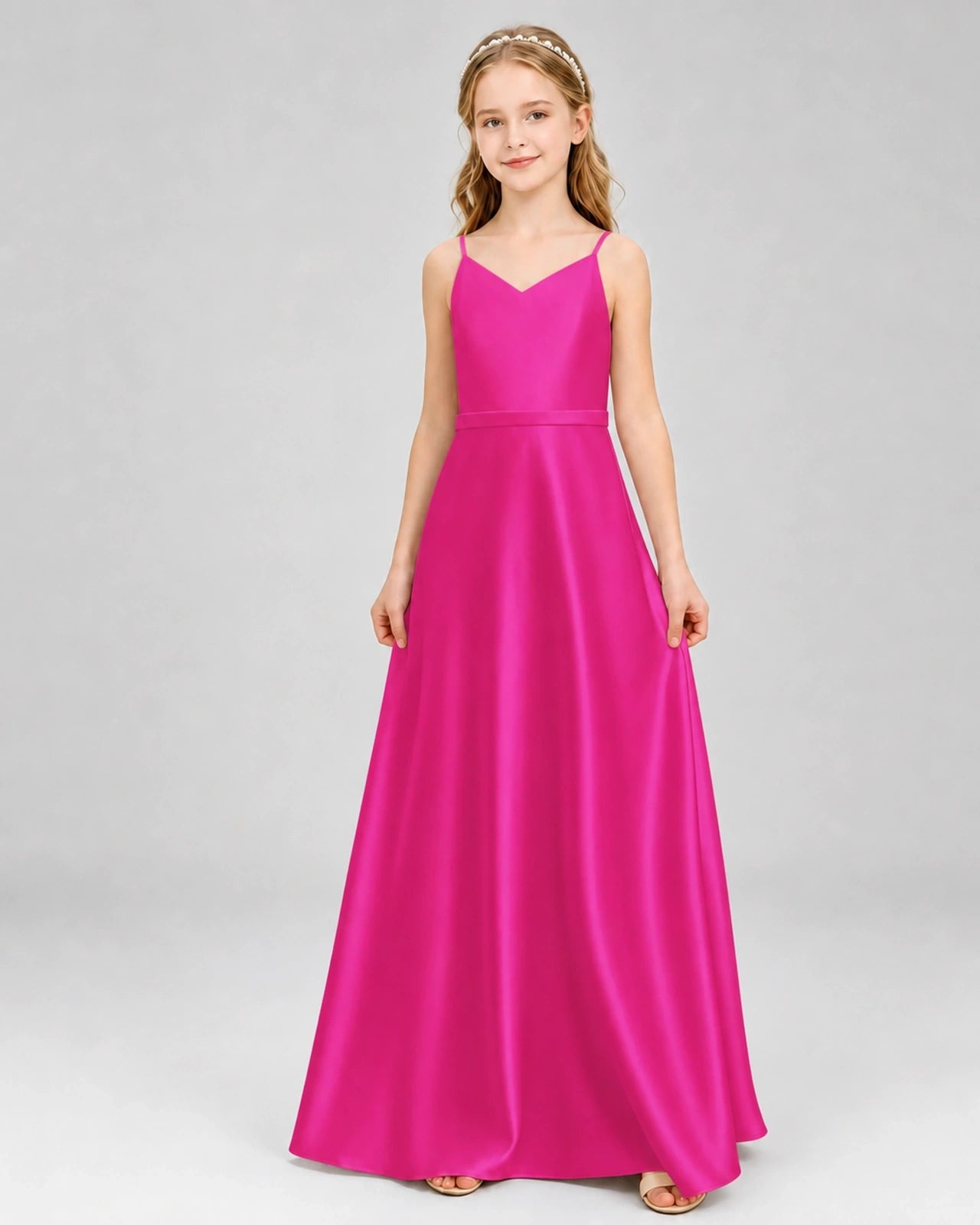 Dideyttawl Satin Junior Bridesmaid Dress with Detachable Chiffon Cape