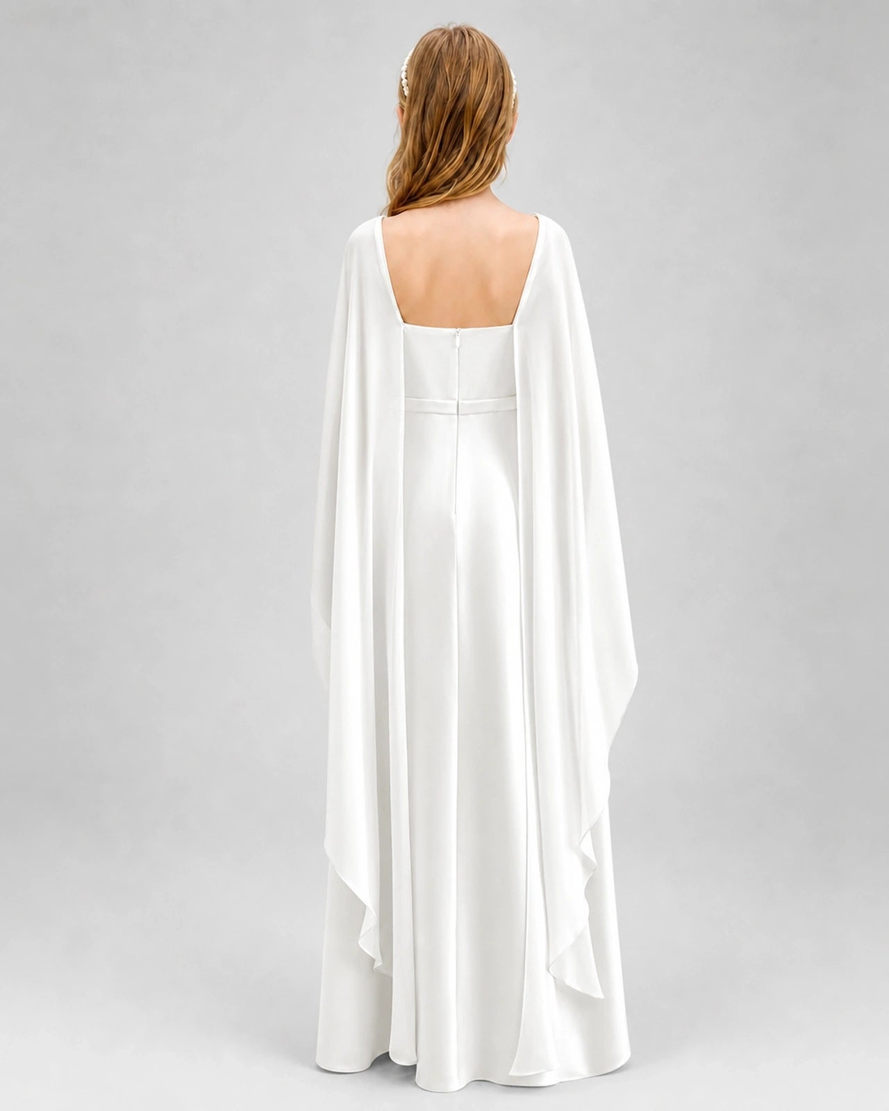 Dideyttawl Satin Junior Bridesmaid Dress with Detachable Chiffon Cape