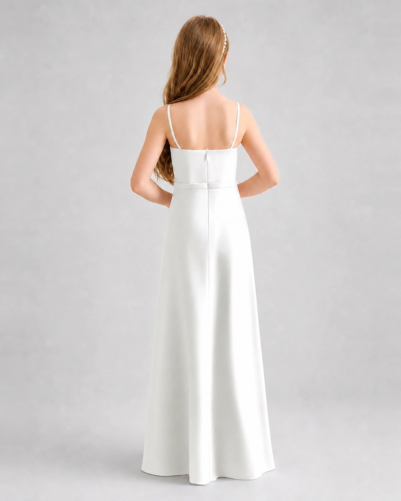 Dideyttawl Satin Junior Bridesmaid Dress with Detachable Chiffon Cape