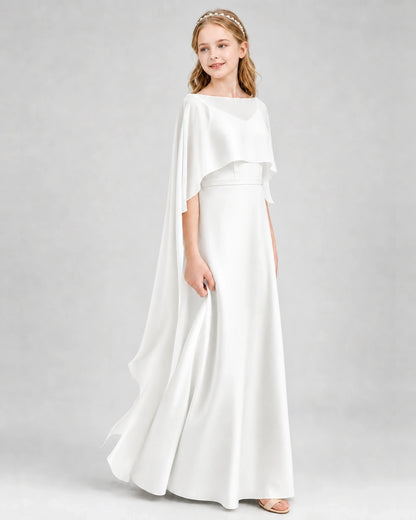 Dideyttawl Satin Junior Bridesmaid Dress with Detachable Chiffon Cape