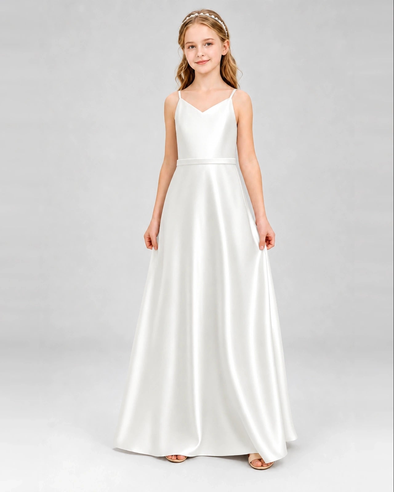 Dideyttawl Satin Junior Bridesmaid Dress with Detachable Chiffon Cape