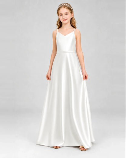 Dideyttawl Satin Junior Bridesmaid Dress with Detachable Chiffon Cape