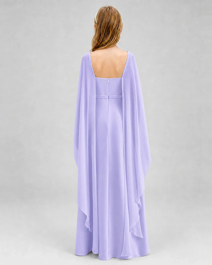 Dideyttawl Satin Junior Bridesmaid Dress with Detachable Chiffon Cape