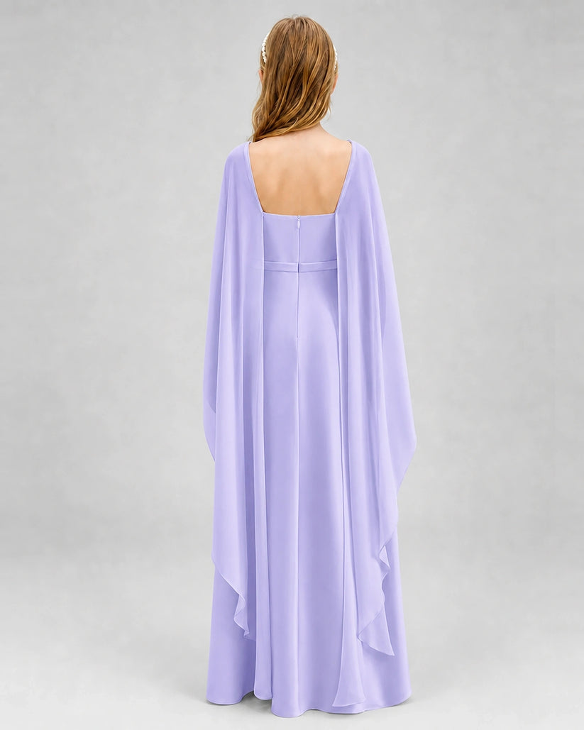 Lavender Satin Cape Sleeve Junior Bridesmaid Dresses Back View