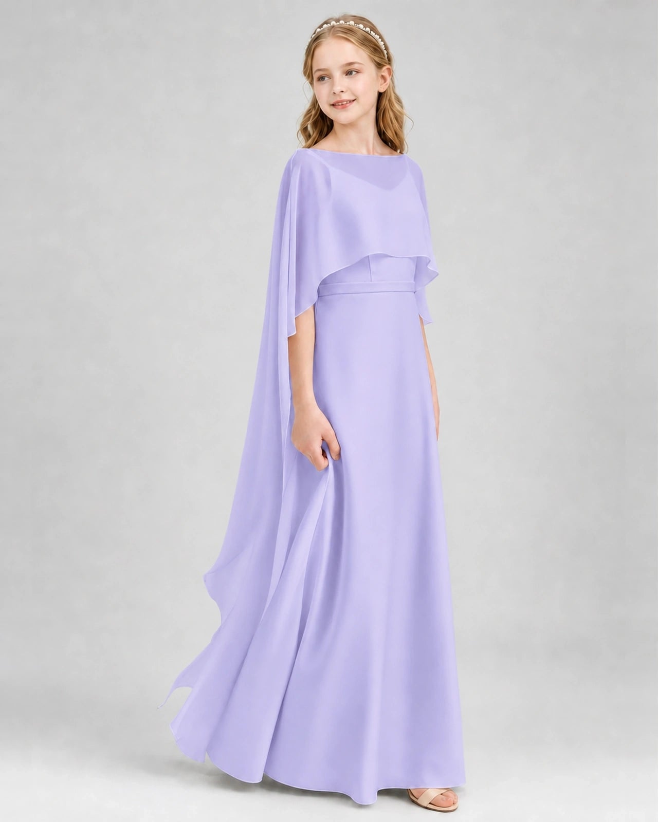Dideyttawl Satin Junior Bridesmaid Dress with Detachable Chiffon Cape
