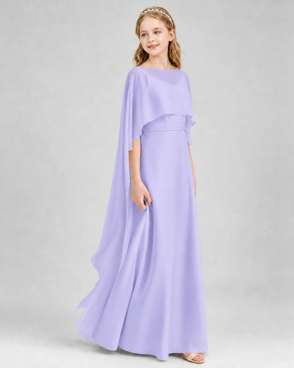 Dideyttawl Satin Junior Bridesmaid Dress with Detachable Chiffon Cape