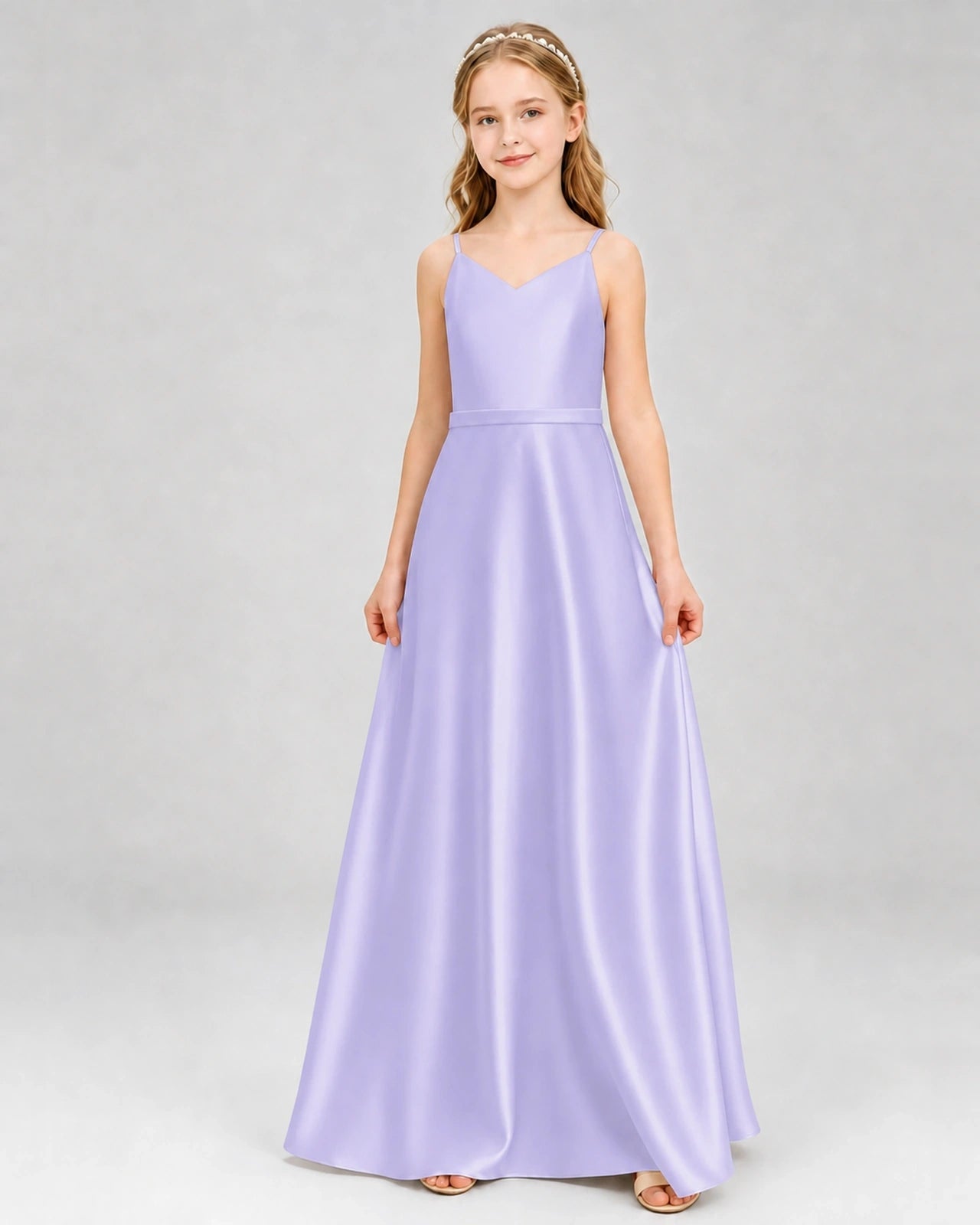 Dideyttawl Satin Junior Bridesmaid Dress with Detachable Chiffon Cape