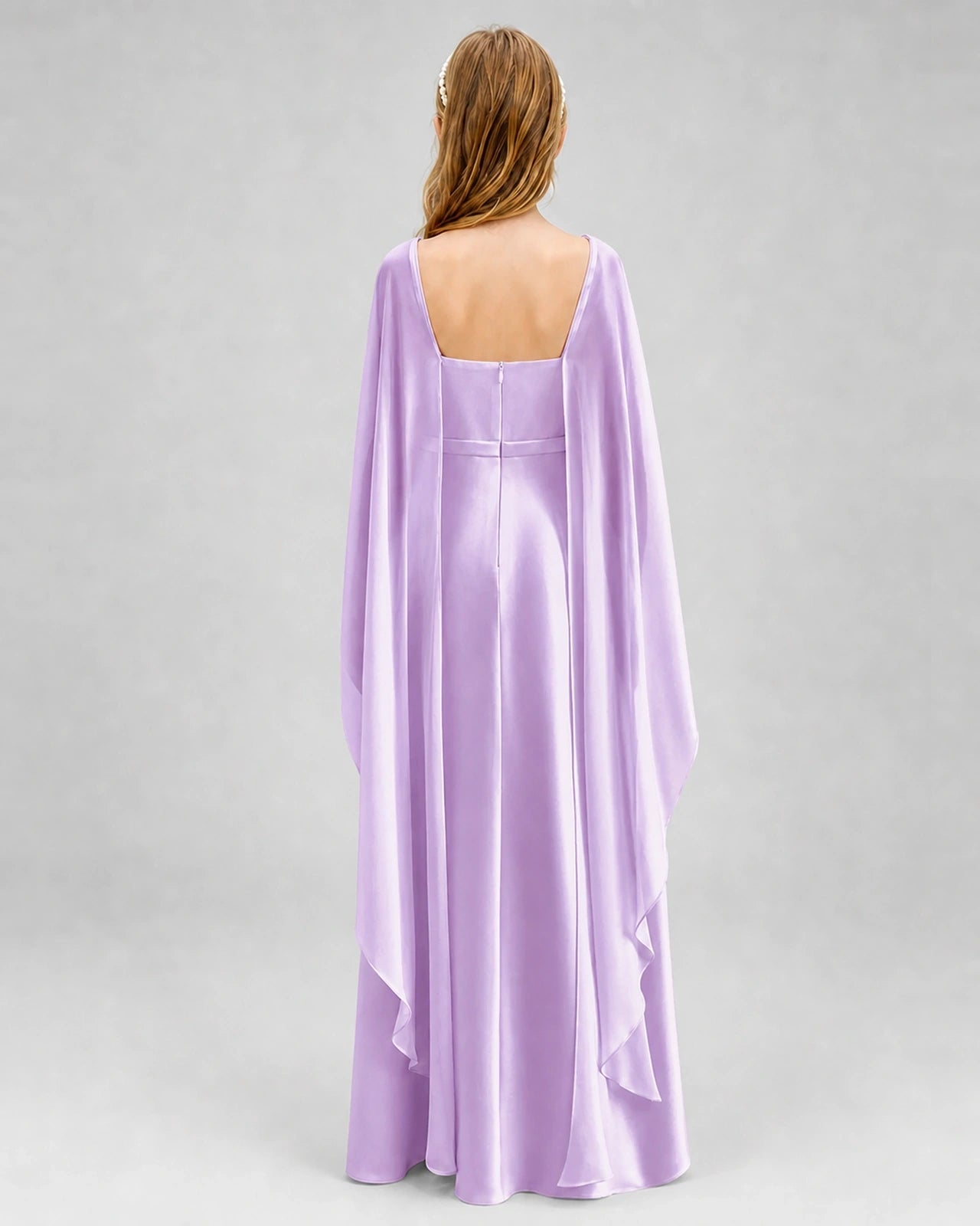 Dideyttawl Satin Junior Bridesmaid Dress with Detachable Chiffon Cape