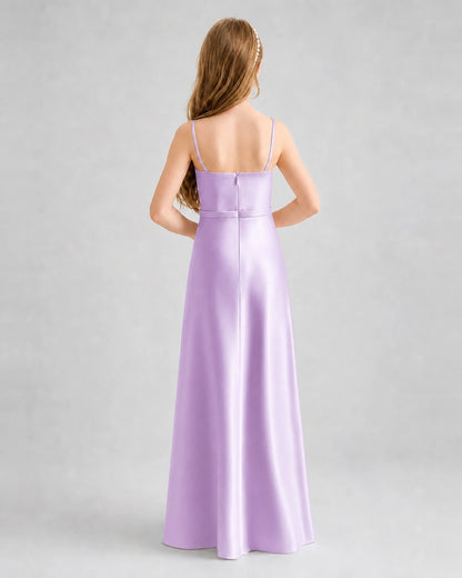 Dideyttawl Satin Junior Bridesmaid Dress with Detachable Chiffon Cape