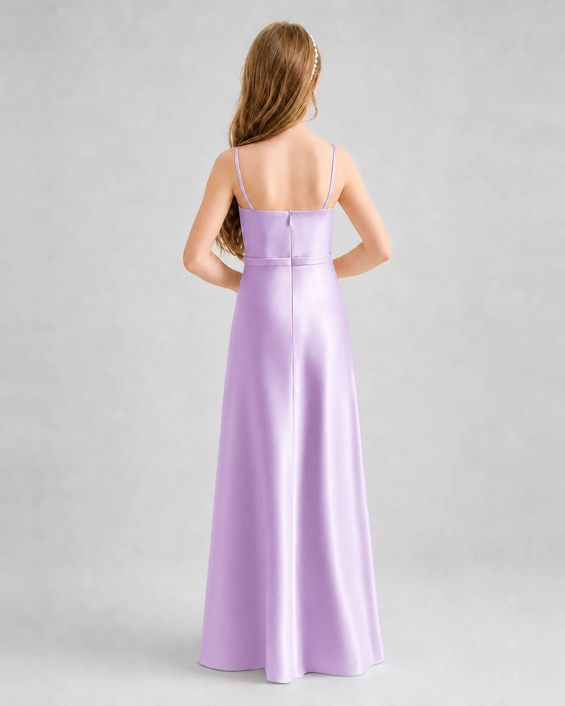 Lilac Satin Spaghetti Strap A-Line Junior Bridesmaid Dresses Back View