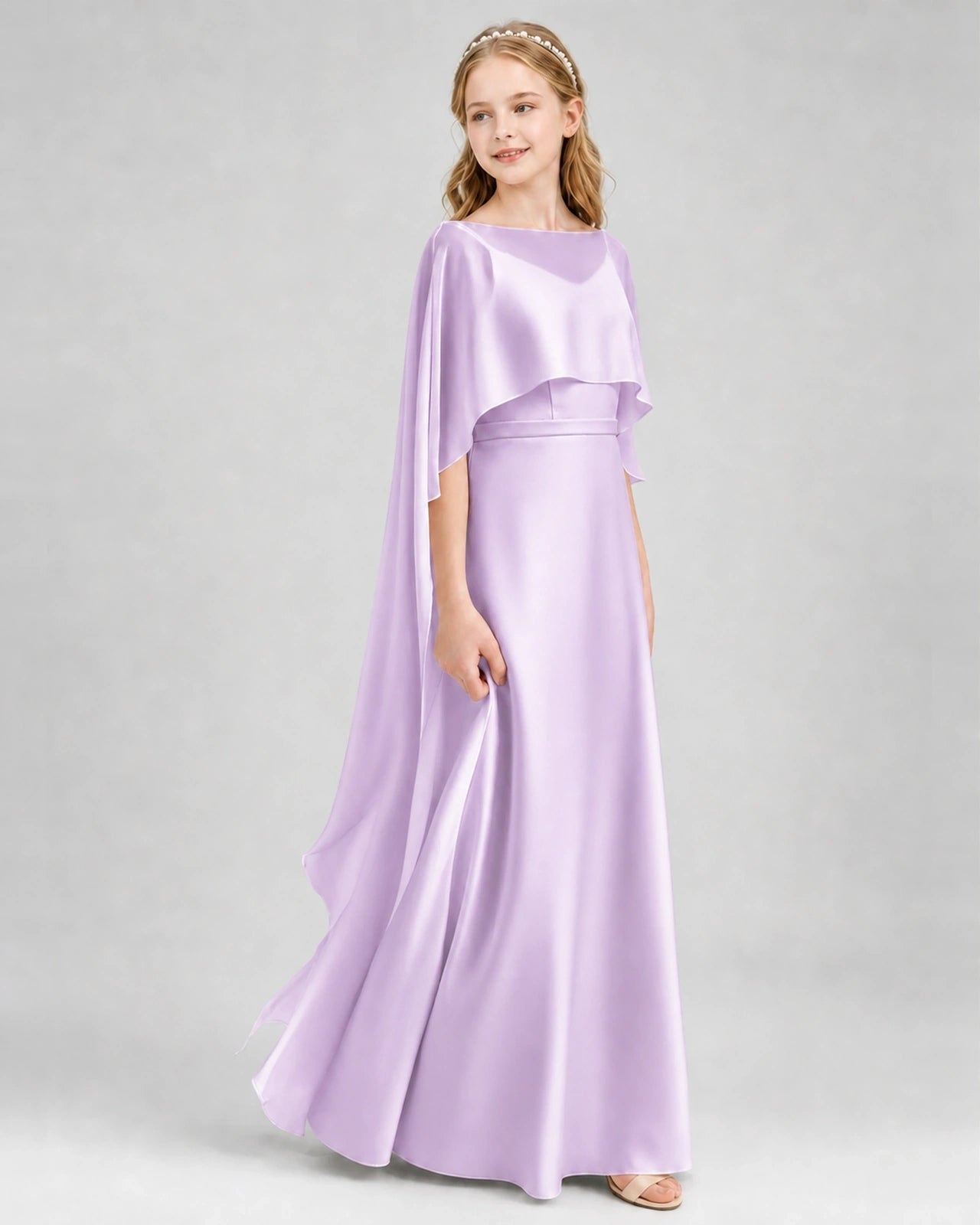 Dideyttawl Satin Junior Bridesmaid Dress with Detachable Chiffon Cape