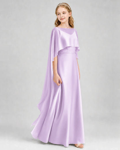 Dideyttawl Satin Junior Bridesmaid Dress with Detachable Chiffon Cape