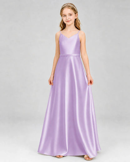 Dideyttawl Satin Junior Bridesmaid Dress with Detachable Chiffon Cape