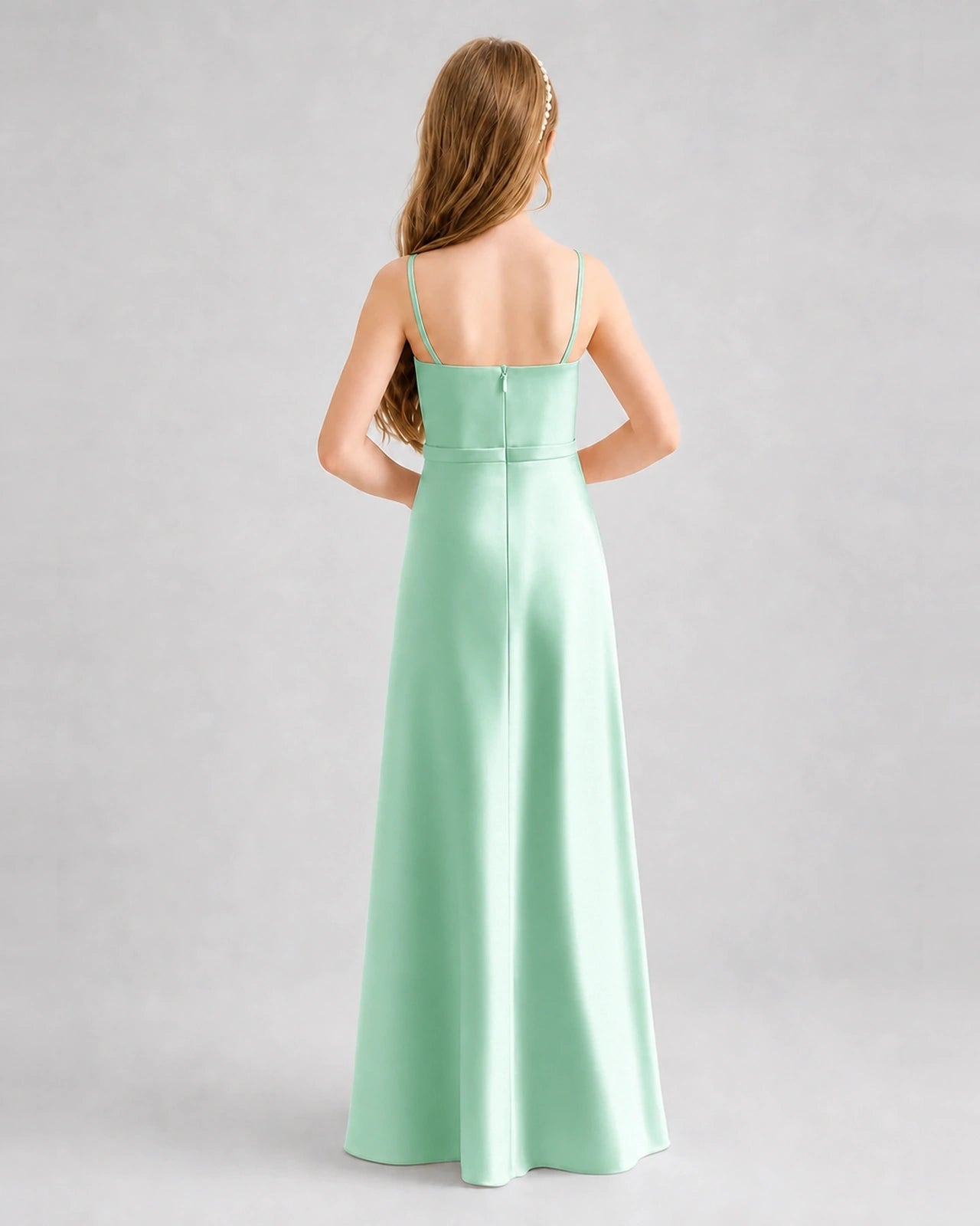 Dideyttawl Satin Junior Bridesmaid Dress with Detachable Chiffon Cape