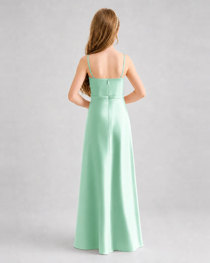 Dideyttawl Satin Junior Bridesmaid Dress with Detachable Chiffon Cape