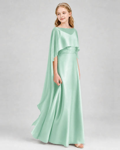 Dideyttawl Satin Junior Bridesmaid Dress with Detachable Chiffon Cape