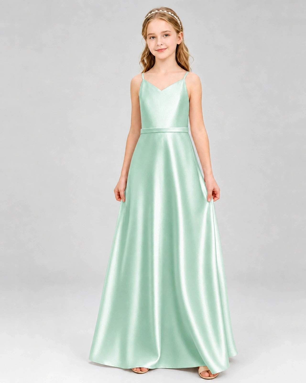 Dideyttawl Satin Junior Bridesmaid Dress with Detachable Chiffon Cape