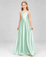 Mint Green Satin V-Neck A-Line Junior Bridesmaid Dresses Front View
