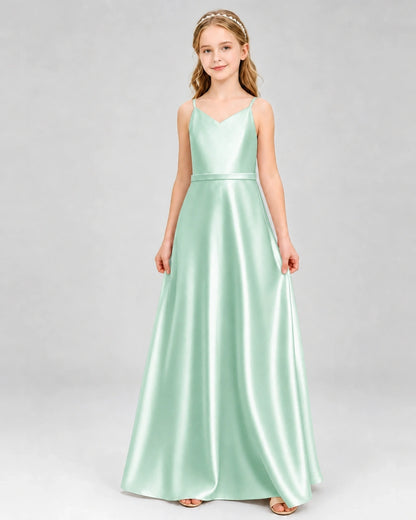 Dideyttawl Satin Junior Bridesmaid Dress with Detachable Chiffon Cape