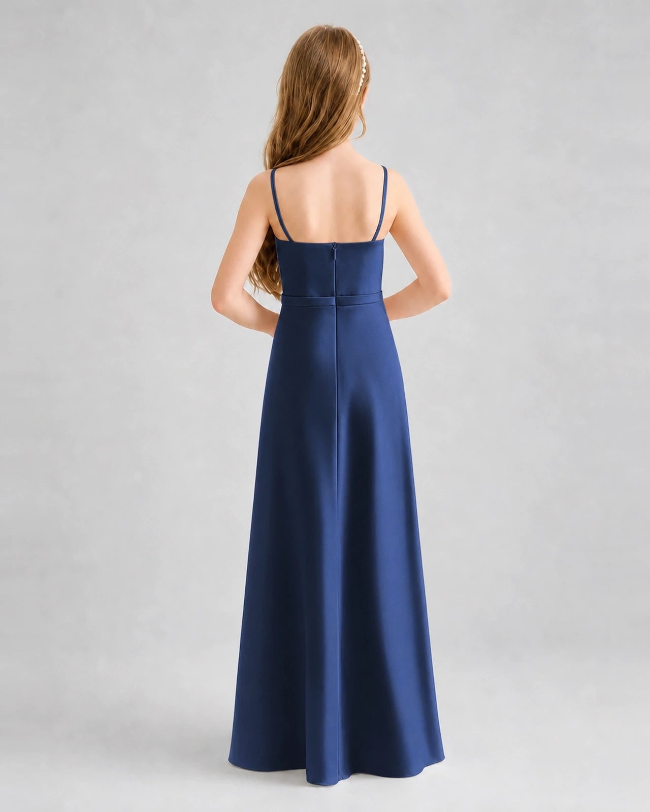 Dideyttawl Satin Junior Bridesmaid Dress with Detachable Chiffon Cape