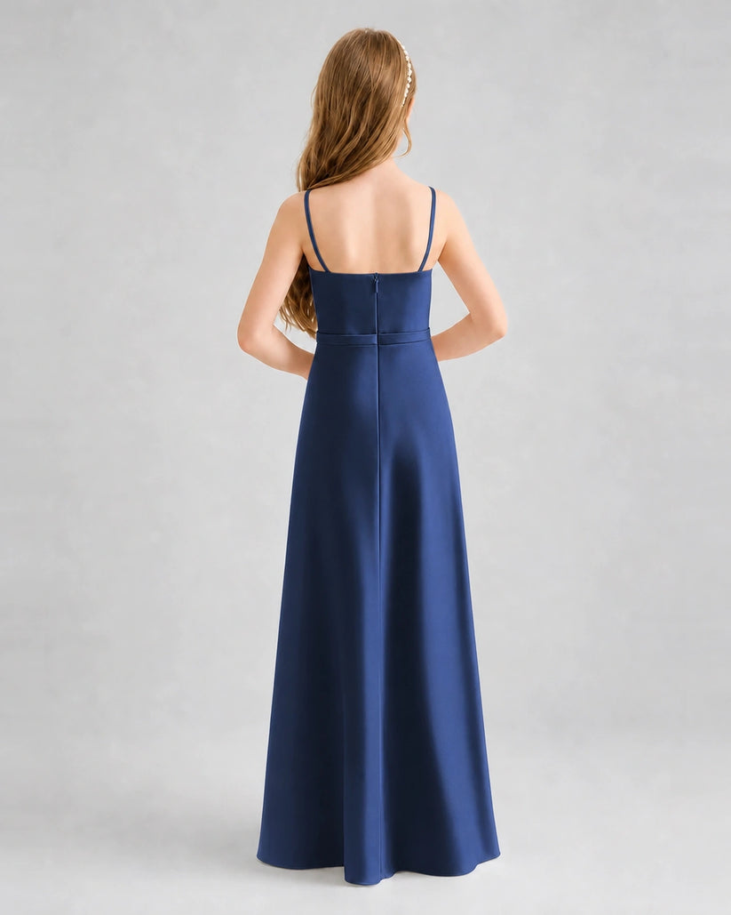 Navy Blue Satin Spaghetti Strap A-Line Junior Bridesmaid Dresses Back View