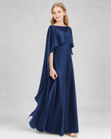 Navy Blue Satin Cape Junior Bridesmaid Dresses Front View