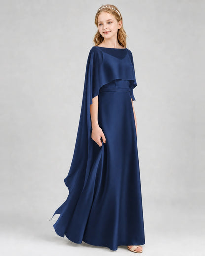 Dideyttawl Satin Junior Bridesmaid Dress with Detachable Chiffon Cape