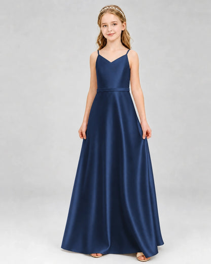 Dideyttawl Satin Junior Bridesmaid Dress with Detachable Chiffon Cape